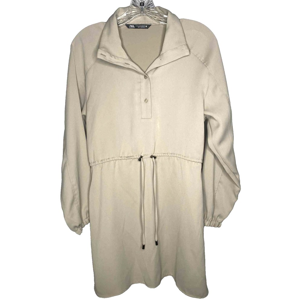 Zara Women's Taupe Long Sleeve Minimalist Elastic Waist Midi Shirt Dress Size XS